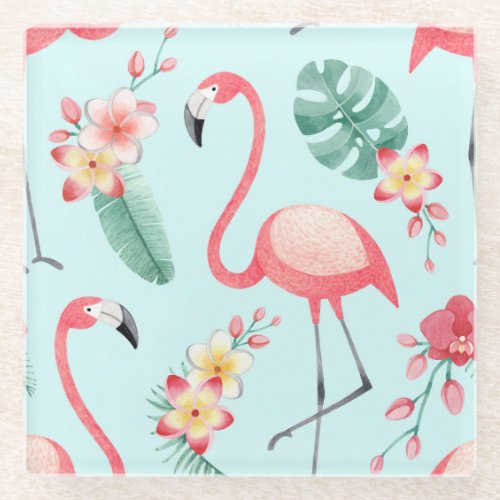 Flamingos Tropical Flowers Watercolor Pattern Glass Coaster