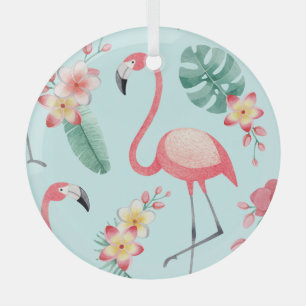 Flamingos Tropical Flowers Watercolor Pattern Glass Ornament