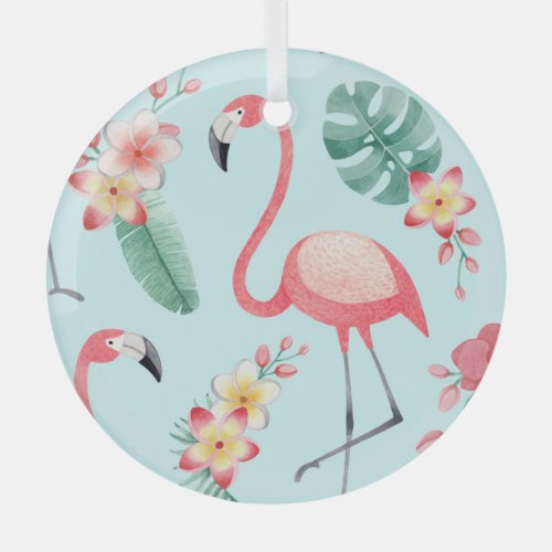 Flamingos Tropical Flowers Watercolor Pattern Glass Ornament