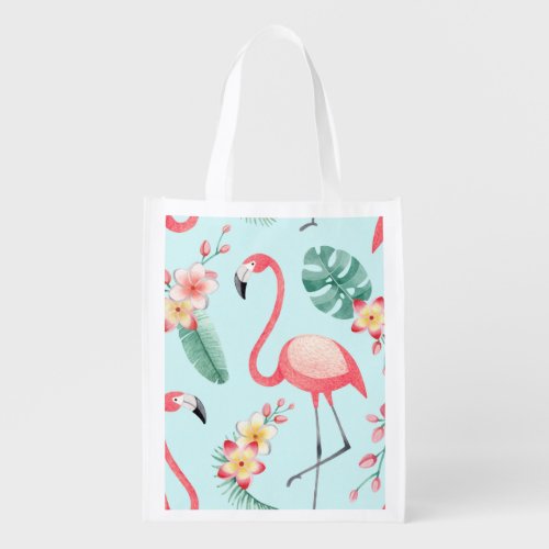 Flamingos Tropical Flowers Watercolor Pattern Grocery Bag