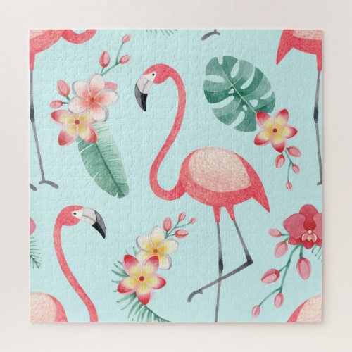Flamingos Tropical Flowers Watercolor Pattern Jigsaw Puzzle