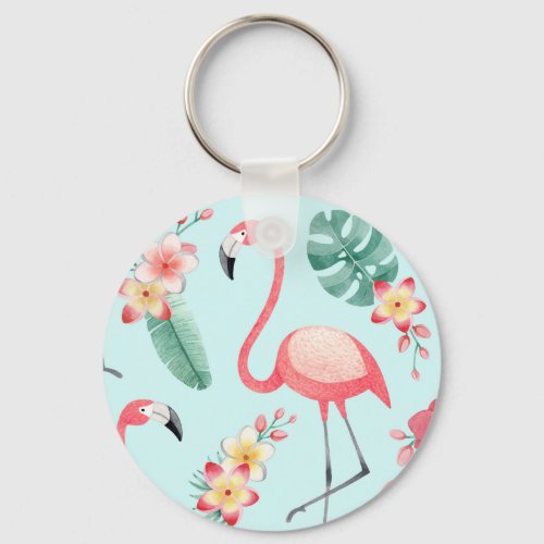 Flamingos Tropical Flowers Watercolor Pattern Keychain