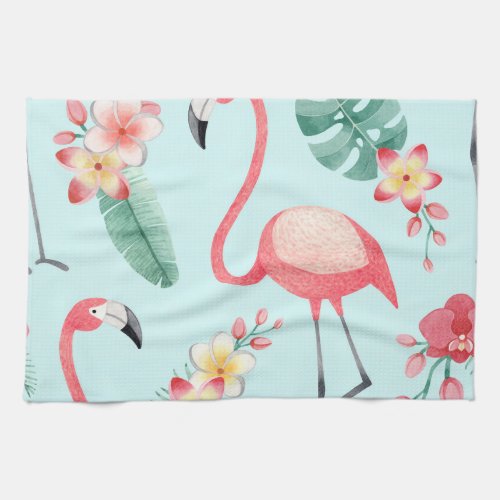 Flamingos Tropical Flowers Watercolor Pattern Kitchen Towel