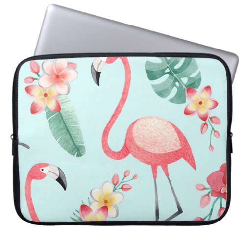 Flamingos Tropical Flowers Watercolor Pattern Laptop Sleeve