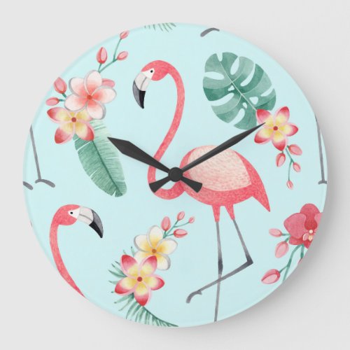 Flamingos Tropical Flowers Watercolor Pattern Large Clock