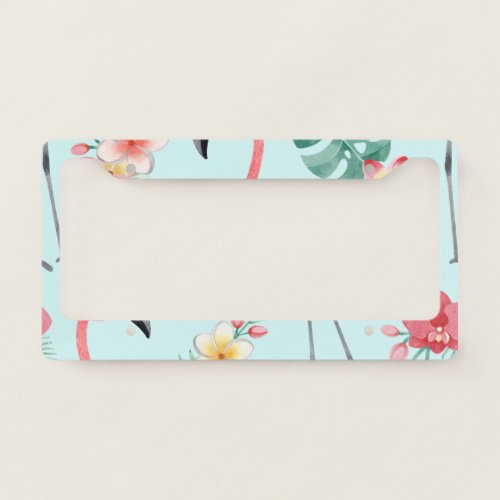 Flamingos Tropical Flowers Watercolor Pattern License Plate Frame