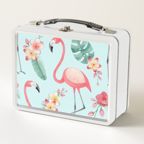 Flamingos Tropical Flowers Watercolor Pattern Metal Lunch Box