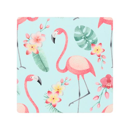 Flamingos Tropical Flowers Watercolor Pattern Metal Print