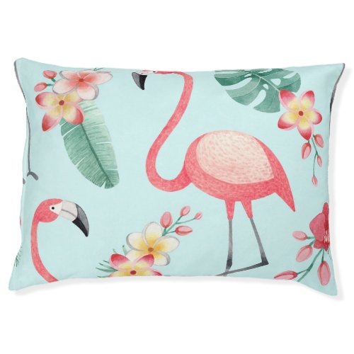 Flamingos Tropical Flowers Watercolor Pattern Pet Bed