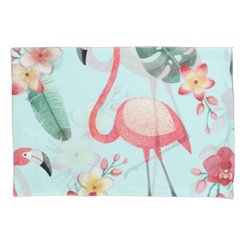 Flamingos Tropical Flowers Watercolor Pattern Pillow Case