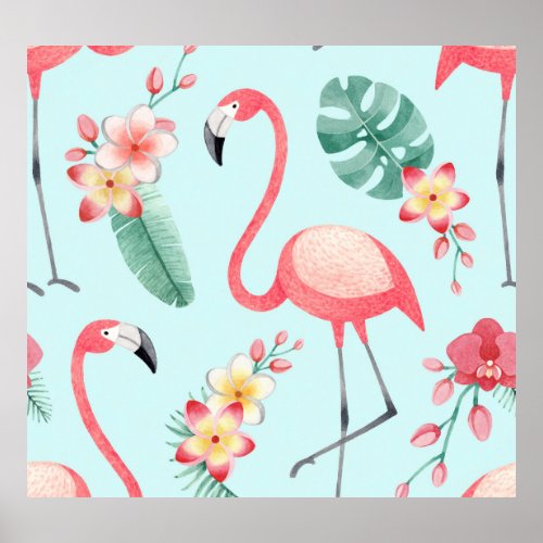 Flamingos Tropical Flowers Watercolor Pattern Poster