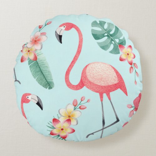 Flamingos Tropical Flowers Watercolor Pattern Round Pillow