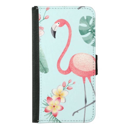 Flamingos Tropical Flowers Watercolor Pattern Samsung Galaxy S5 Wallet Case