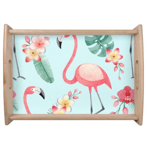 Flamingos Tropical Flowers Watercolor Pattern Serving Tray