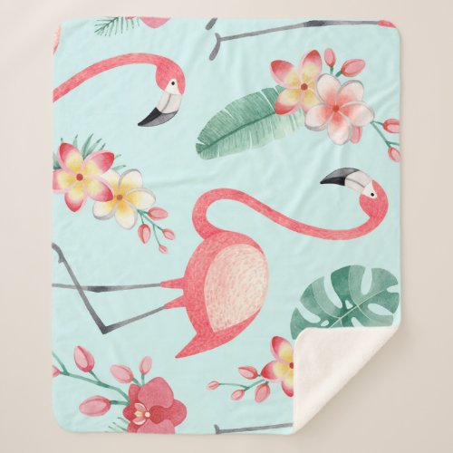 Flamingos Tropical Flowers Watercolor Pattern Sherpa Blanket