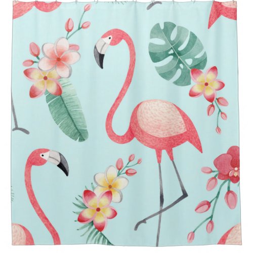 Flamingos Tropical Flowers Watercolor Pattern Shower Curtain