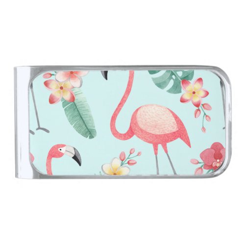 Flamingos Tropical Flowers Watercolor Pattern Silver Finish Money Clip