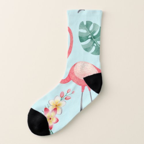 Flamingos Tropical Flowers Watercolor Pattern Socks