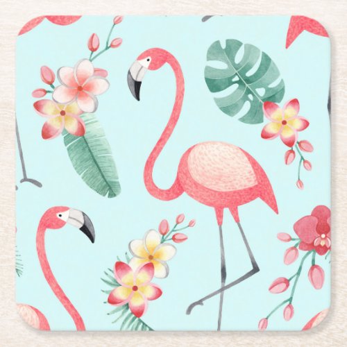Flamingos Tropical Flowers Watercolor Pattern Square Paper Coaster