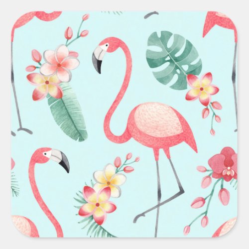 Flamingos Tropical Flowers Watercolor Pattern Square Sticker