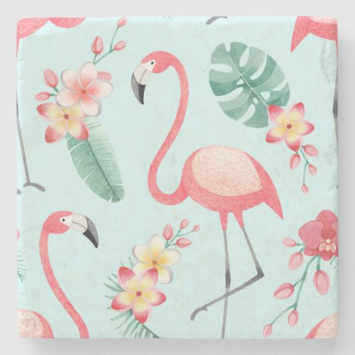 Flamingos Tropical Flowers Watercolor Pattern Stone Coaster