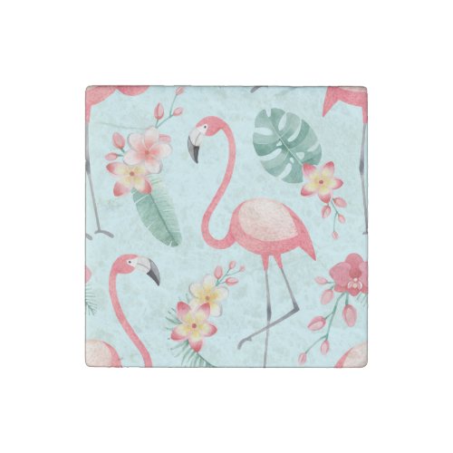 Flamingos Tropical Flowers Watercolor Pattern Stone Magnet