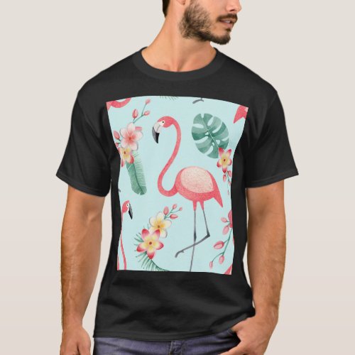 Flamingos Tropical Flowers Watercolor Pattern T_Shirt