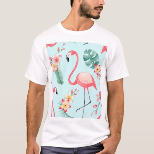 Flamingos Tropical Flowers Watercolor Pattern T_Shirt