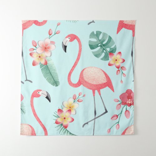 Flamingos Tropical Flowers Watercolor Pattern Tapestry