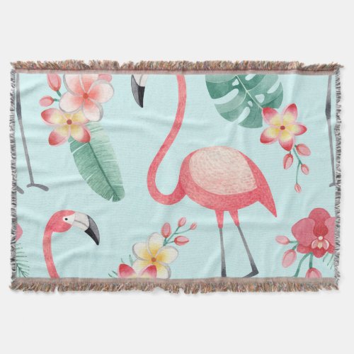 Flamingos Tropical Flowers Watercolor Pattern Throw Blanket