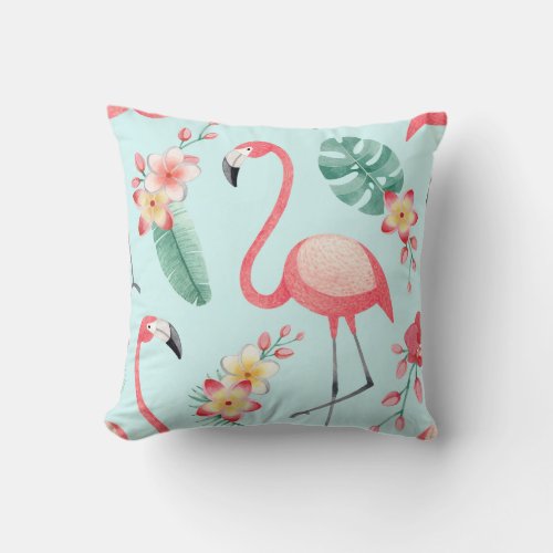 Flamingos Tropical Flowers Watercolor Pattern Throw Pillow