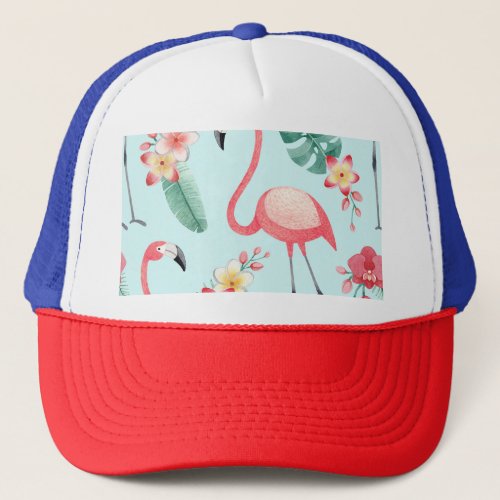 Flamingos Tropical Flowers Watercolor Pattern Trucker Hat