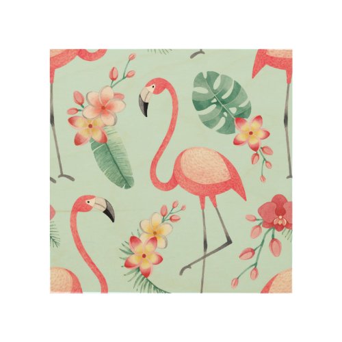 Flamingos Tropical Flowers Watercolor Pattern Wood Wall Art