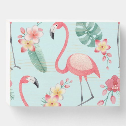 Flamingos Tropical Flowers Watercolor Pattern Wooden Box Sign