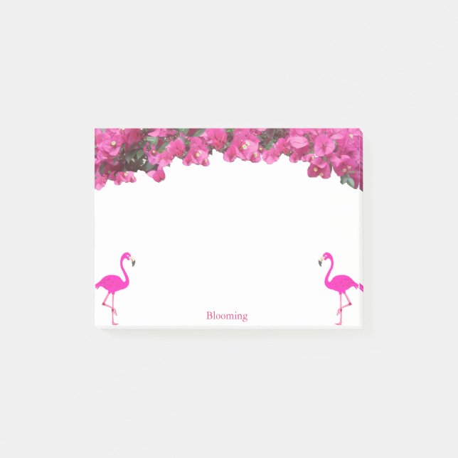 Flamingos & Tropical Magenta Pink Flowers on White Post-it Notes (Front)