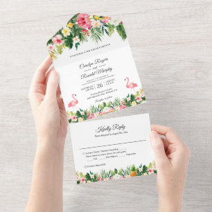 Flamingos Tropical Palm Leaves Floral Wedding All In One Invitation