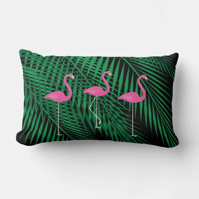 Flamingos & Tropical Palm Leaves on Black Sky Lumbar Pillow (Front)