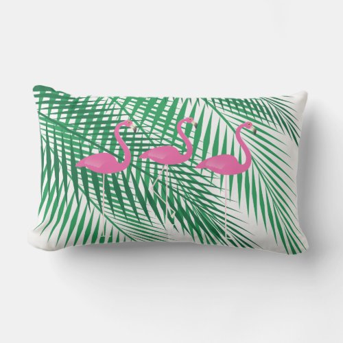 Flamingos  Tropical Palm Leaves _ Outdoor Lumbar Pillow