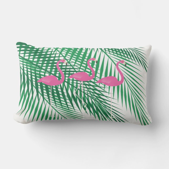 Flamingos & Tropical Palm Leaves - Outdoor Lumbar Pillow (Front)