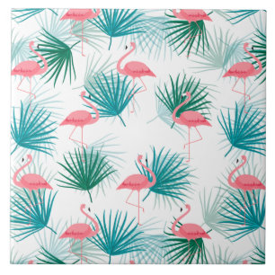 Flamingos Tropical Palmetto Leaf Fronds Ceramic Tile