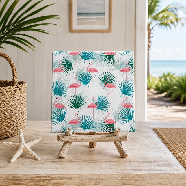 Flamingos Tropical Palmetto Leaf Fronds Ceramic Tile (pink flamingos and palmetto leaves tropical foliage decorative ceramic tile displayed on easel)