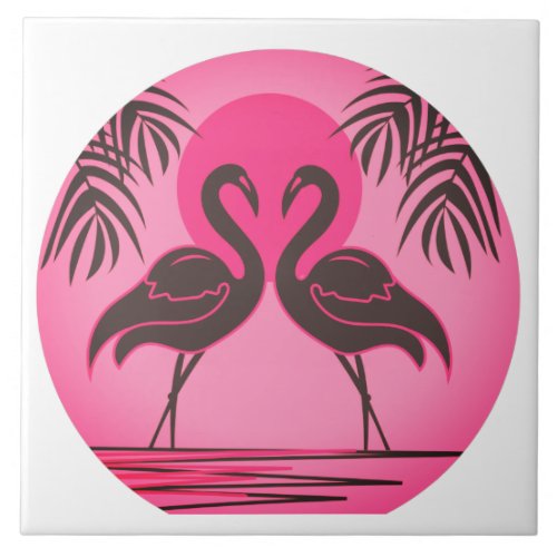 Flamingos Tropical Pink Beach Sunset  Ceramic Tile