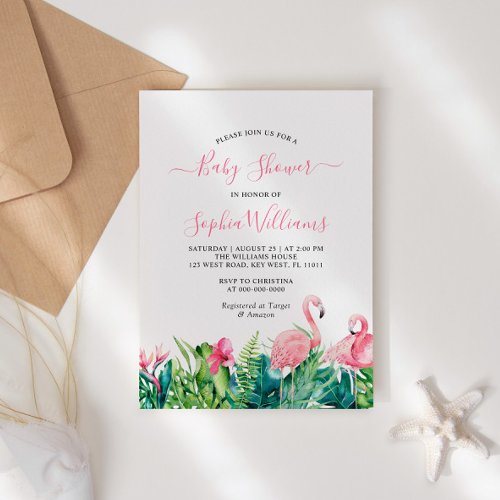 Flamingos Tropical Pink Flowers Baby Shower Invitation