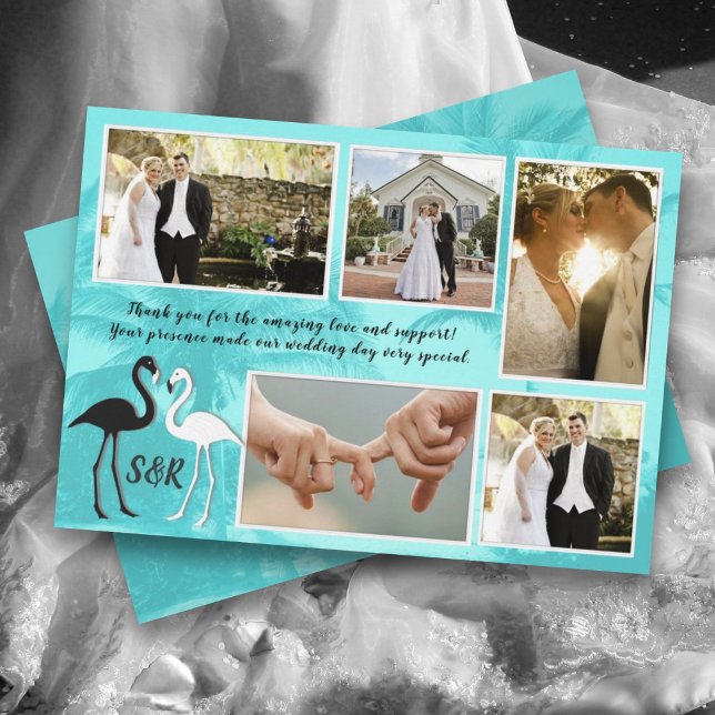 Flamingos Tropical Wedding Photo Collage Thank You Card (Creator Uploaded)