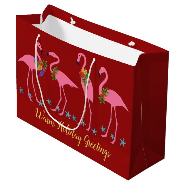 Flamingos Warm Christmas Large Paper Gift Bag (Front Angled)