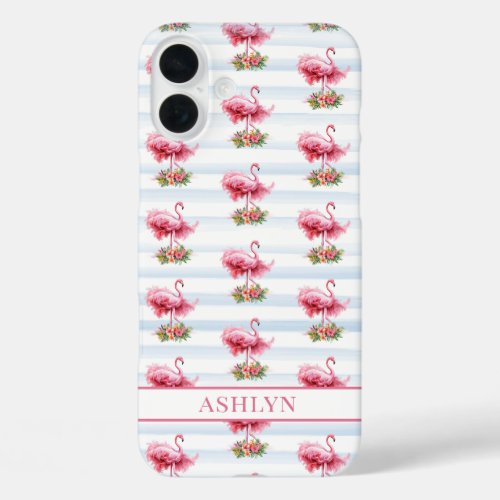 Flamingos with Flowers on Watercolor Stripes iPhone 16 Plus Case