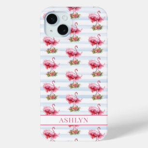 Flamingos with Flowers on Watercolor Stripes iPhone 15 Plus Case