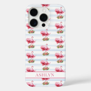 Flamingos with Flowers on Watercolor Stripes iPhone 16 Pro Case