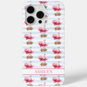 Flamingos with Flowers on Watercolor Stripes iPhone 15 Pro Max Case