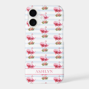 Flamingos with Flowers on Watercolor Stripes iPhone 17 Case
